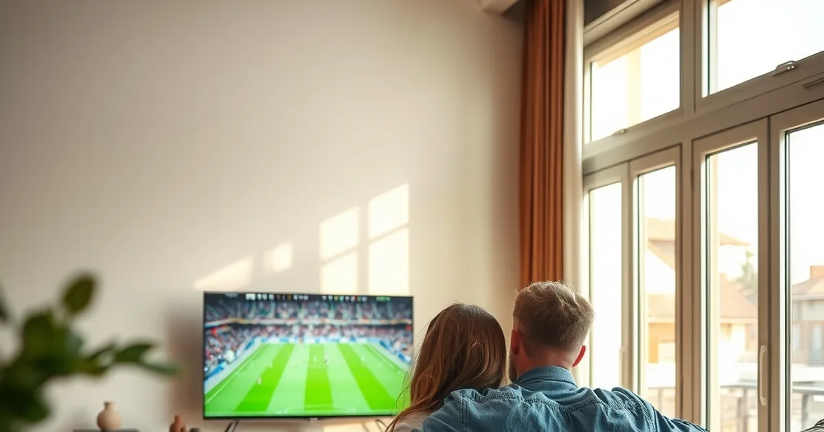 Familia española viendo un partido de LaLiga en un salón luminoso durante un domingo por la tarde