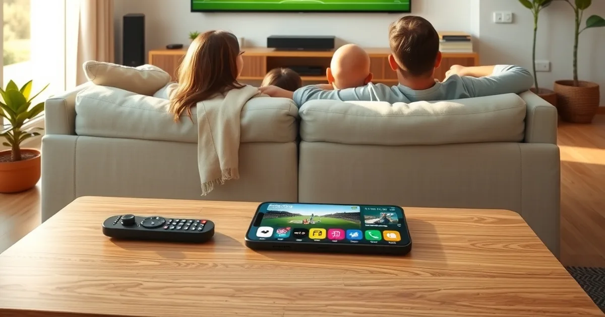 Familia viendo un partido de fútbol en un televisor grande en un salón luminoso durante la tarde