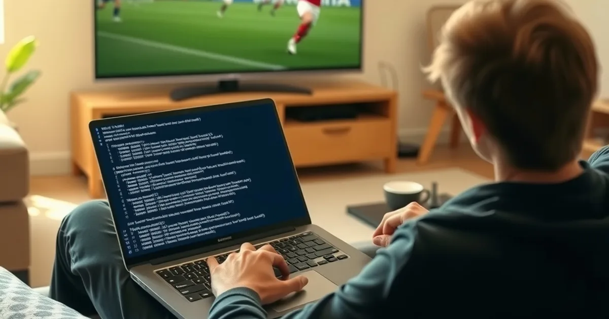 Persona revisando en su portátil el contenido de un archivo de lista IPTV en un salón luminoso, con la televisión de fondo