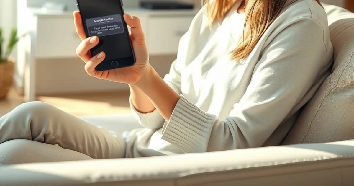 Mujer revisando con preocupación los permisos de una app en su móvil en un salón luminoso, con la televisión de fondo