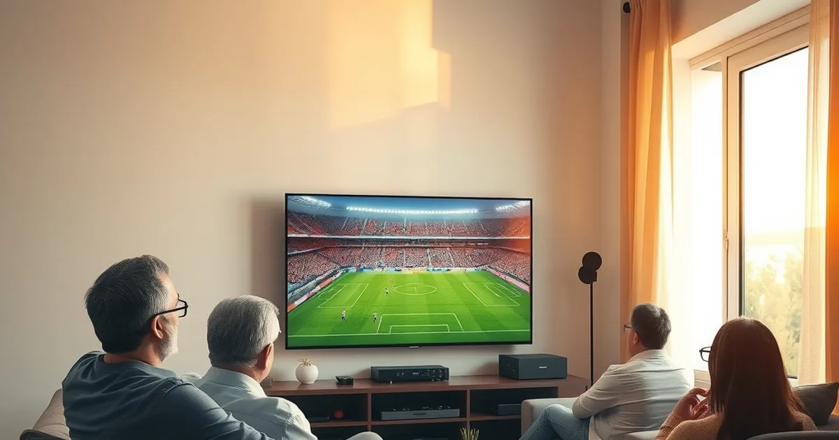 Familia viendo un partido de fútbol tranquilamente en el salón de casa, sin cortes en la pantalla