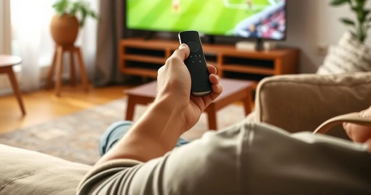 Persona en el sofá de su salón usando el mando del Fire Stick para ver un partido de fútbol en la televisión con luz natural de día