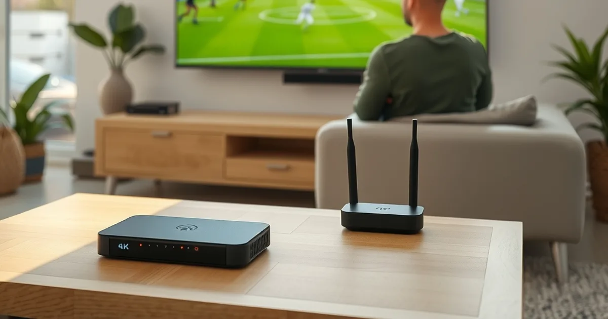 Salón luminoso por la tarde con un televisor 4K en la pared mostrando un partido de fútbol, un mando de streaming y un router WiFi encendido sobre la mesa, dos personas viendo el partido en el sofá.