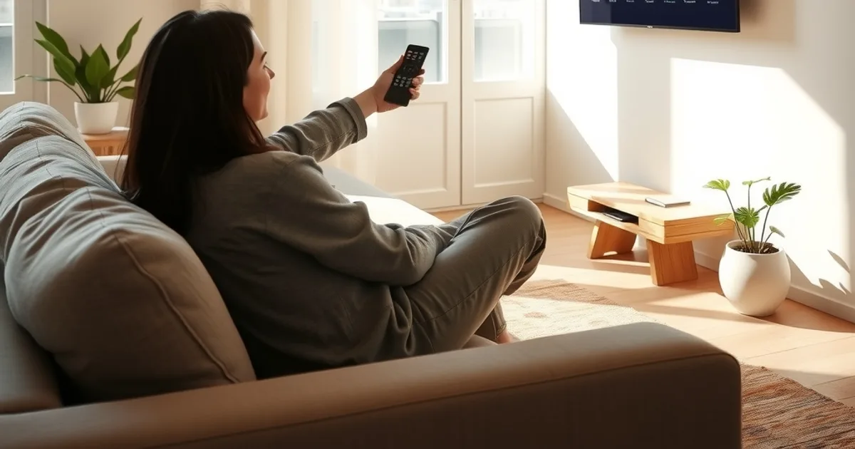 Persona configurando aplicaciones en un televisor Android TV con el mando a distancia, en un salón luminoso