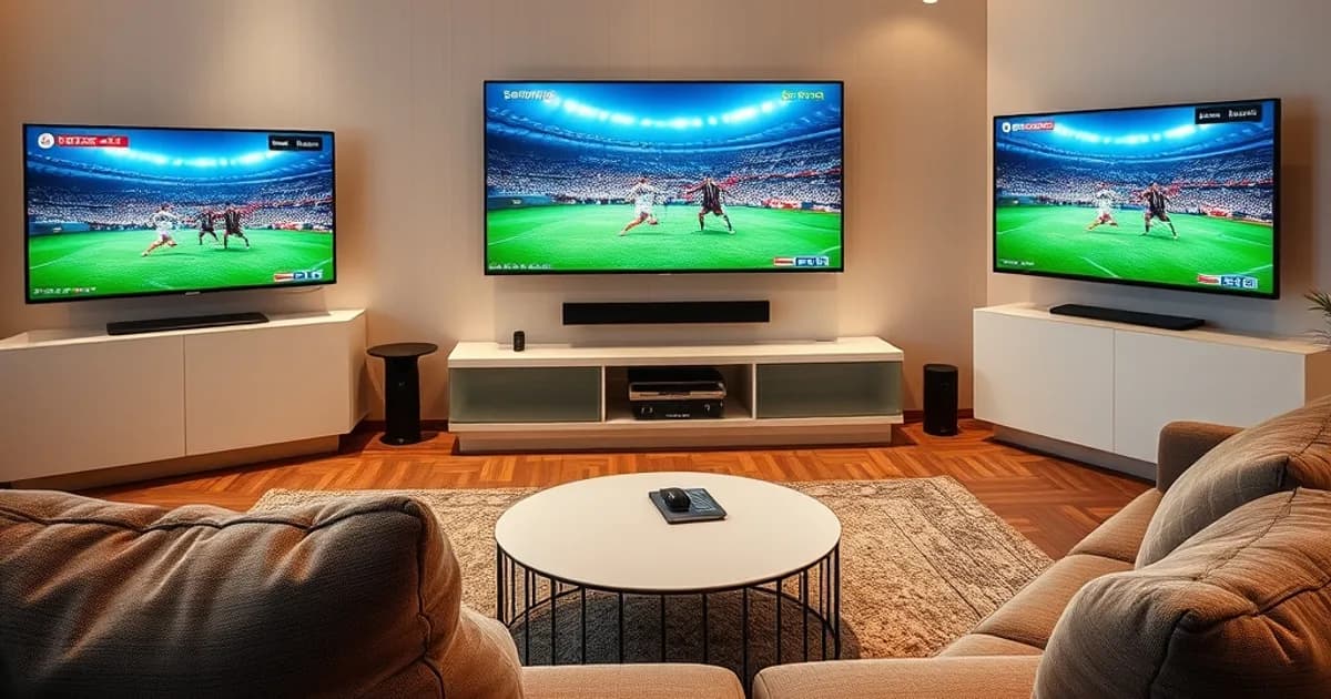 Salón moderno al atardecer con varios televisores inteligentes de marcas distintas encendidos a la vez —uno tipo Samsung, otro LG, otro Hisense—, cada pantalla mostrando una interfaz de IPTV con un partido de fútbol, mando a distancia sobre el sofá en primer plano