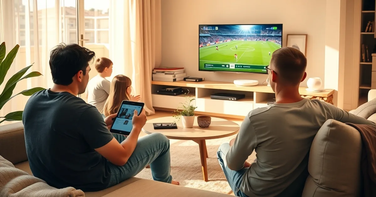 Familia española viendo un partido de fútbol en el salón con luz natural, mientras un adolescente usa una tablet en el sofá