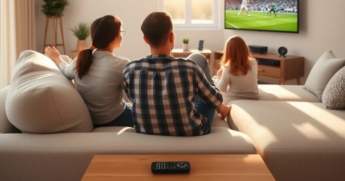 Familia viendo un partido de fútbol en un Smart TV en un salón luminoso durante el día