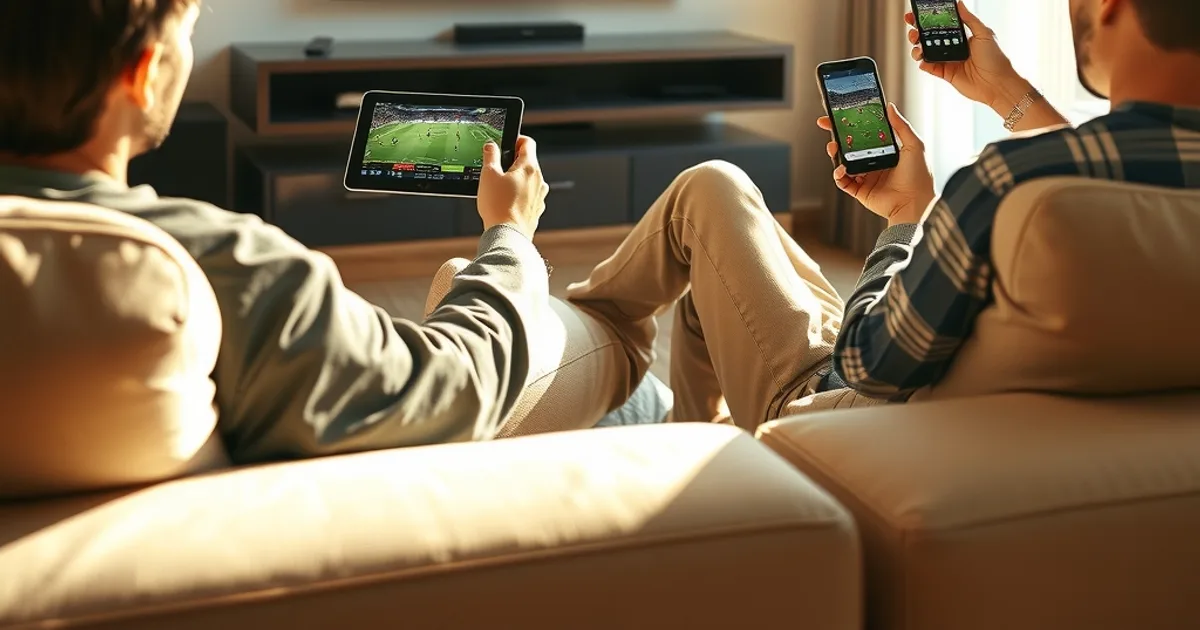 Persona viendo un partido de fútbol en el televisor del salón mientras sigue otro partido en directo en una tablet, en una sala luminosa de día