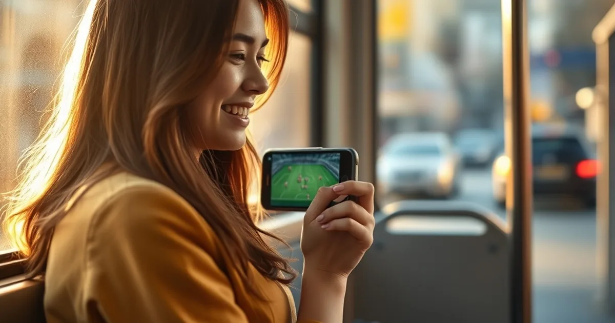 Mujer joven viendo un partido de fútbol en directo en su móvil dentro de un autobús urbano con luz natural