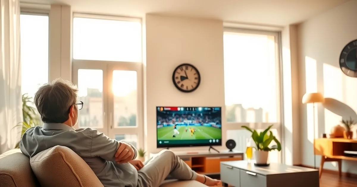 Persona viendo un partido de fútbol en un salón luminoso por la tarde, con el móvil mostrando una app de streaming sobre la mesa