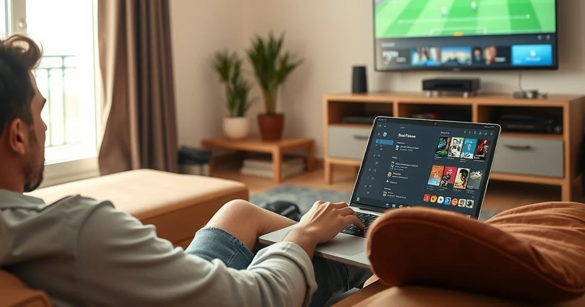 Persona configurando Kodi en un portátil en un salón luminoso, con la televisión de fondo mostrando fútbol