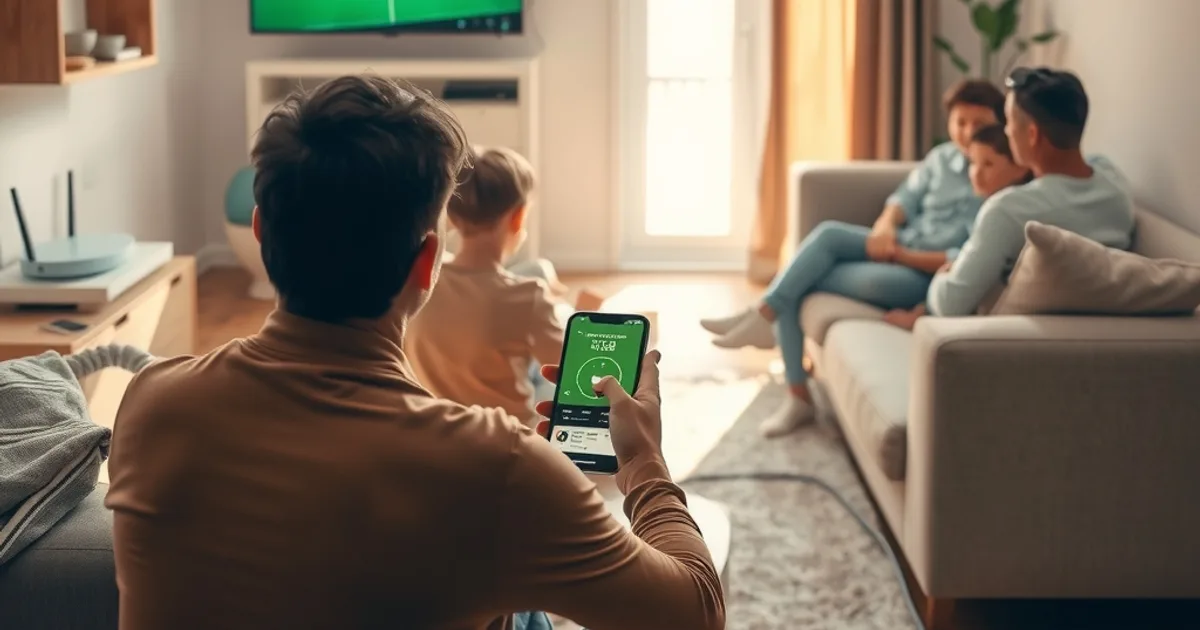 Familia viendo un partido de La Liga en el salón mientras alguien revisa la latencia de la red con el móvil junto al router