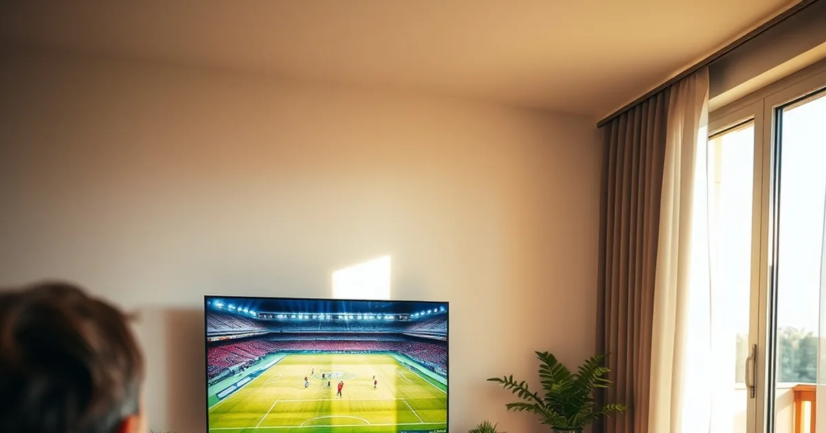 Persona viendo un partido de fútbol en el salón con un dispositivo de streaming conectado al televisor, luz natural de tarde