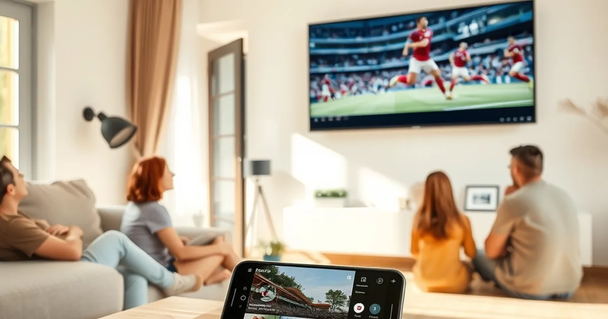 Familia viendo un partido de fútbol en el salón con luz natural, junto a un móvil sobre la mesa mostrando una app de streaming