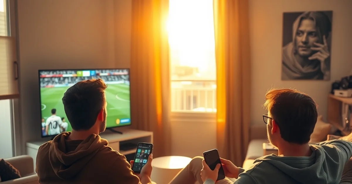 Grupo de amigos viendo un partido de fútbol en el salón al atardecer, uno de ellos revisa el móvil mientras los demás siguen el juego en la televisión