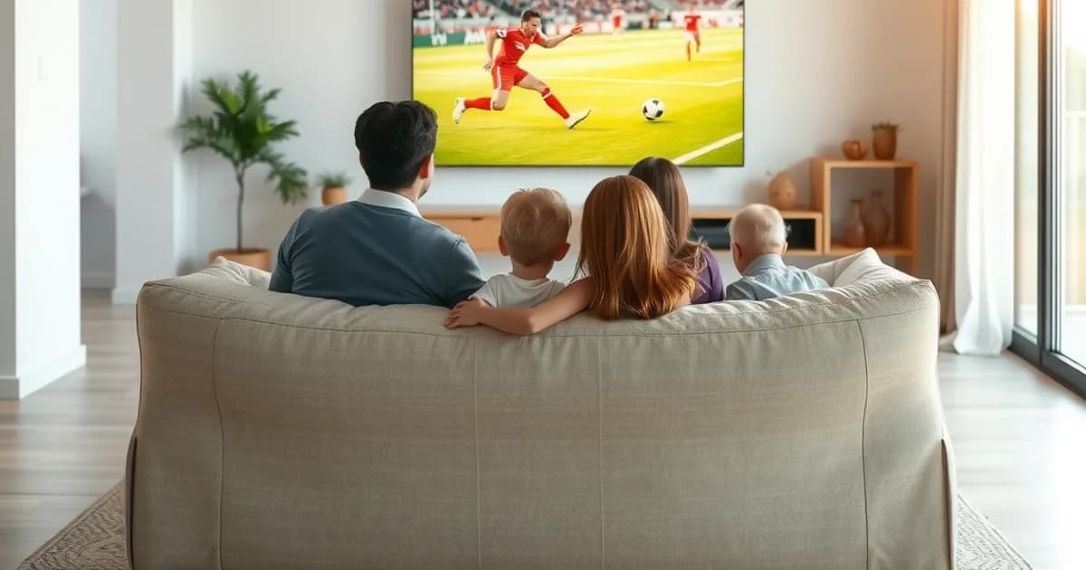 Familia viendo un partido de fútbol en un salón luminoso durante el día, sin cortes en la pantalla