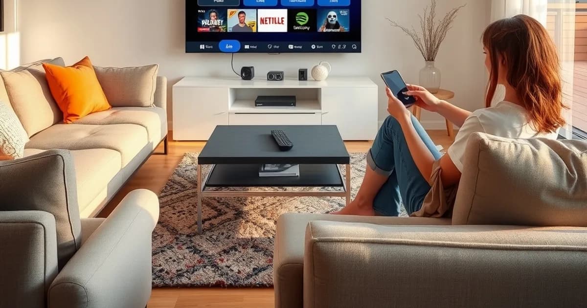 Salón español moderno y luminoso al atardecer con una Smart TV Samsung mostrando en la pantalla de inicio cuatro iconos de aplicaciones de IPTV distintas, sin ningún stick de streaming ni caja adicional conectada al televisor, un mando a distancia sobre la mesa de centro y una persona sonriendo sentada en el sofá comparando las opciones en su móvil