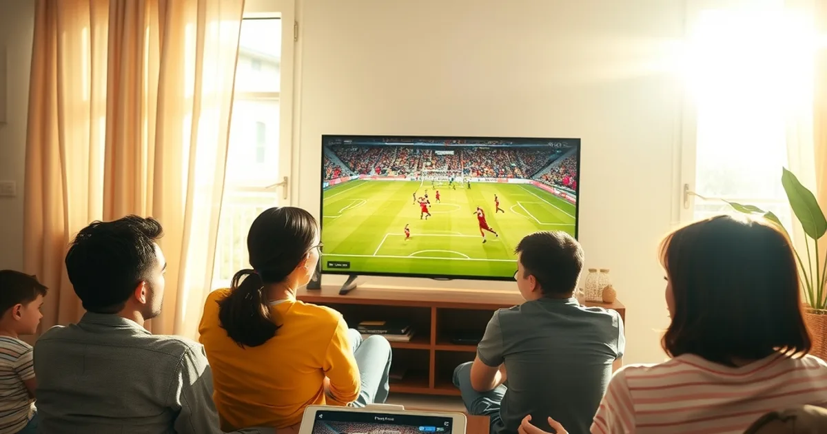 Familia viendo un partido del Mundial en el televisor del salón con luz natural, mientras un segundo partido se ve en una tablet sobre la mesa