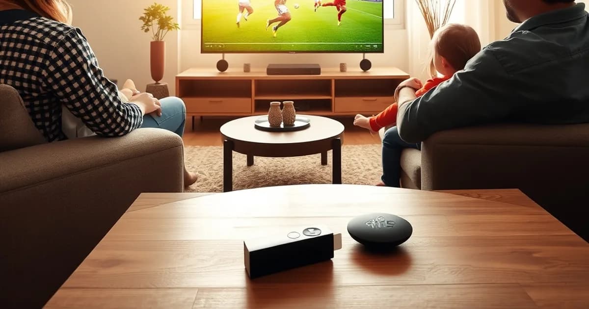 Familia viendo un partido de fútbol en el salón con luz natural, TV inteligente encendida y mando sobre la mesa
