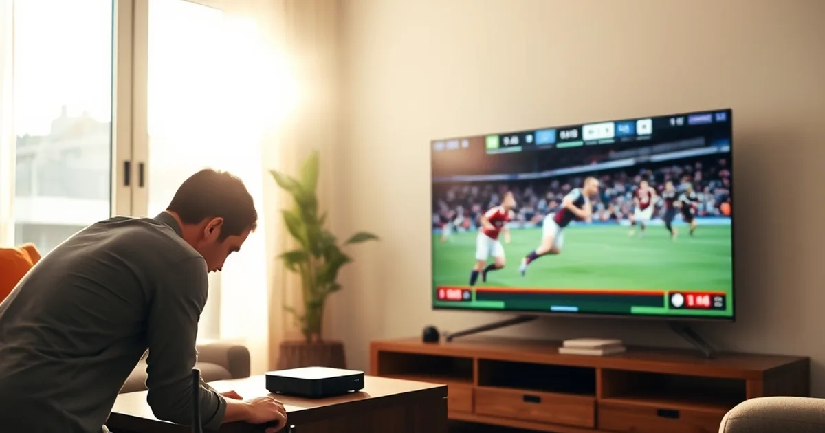 Una persona ajusta el router y el dispositivo de streaming en un salón luminoso, con la Smart TV de fondo lista para el partido de La Liga.