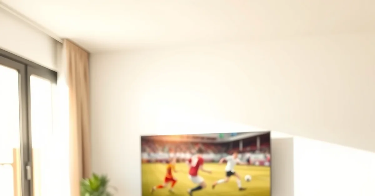 Router WiFi en una estantería de un salón luminoso, con un televisor de fondo emitiendo un partido de fútbol