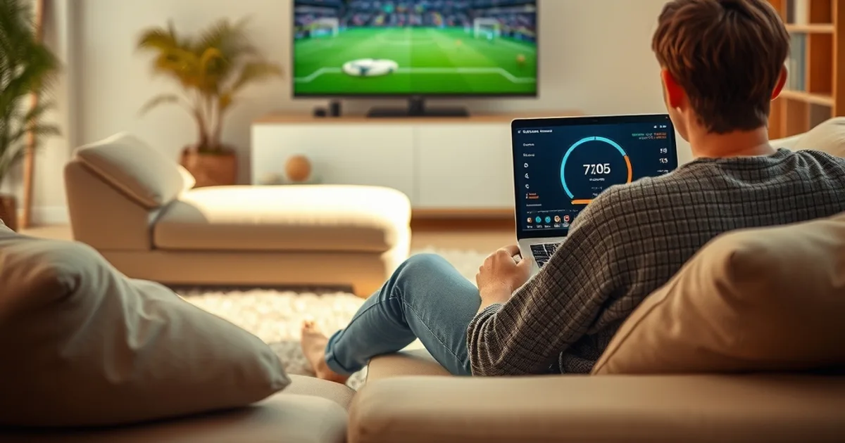 Persona revisando un test de velocidad de red en un portátil en un salón luminoso, con un partido de fútbol de fondo en la televisión