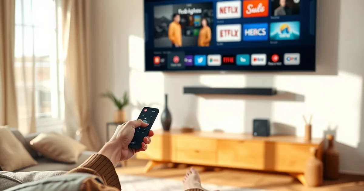 Persona en un salón luminoso eligiendo una app de streaming con el mando frente a la televisión