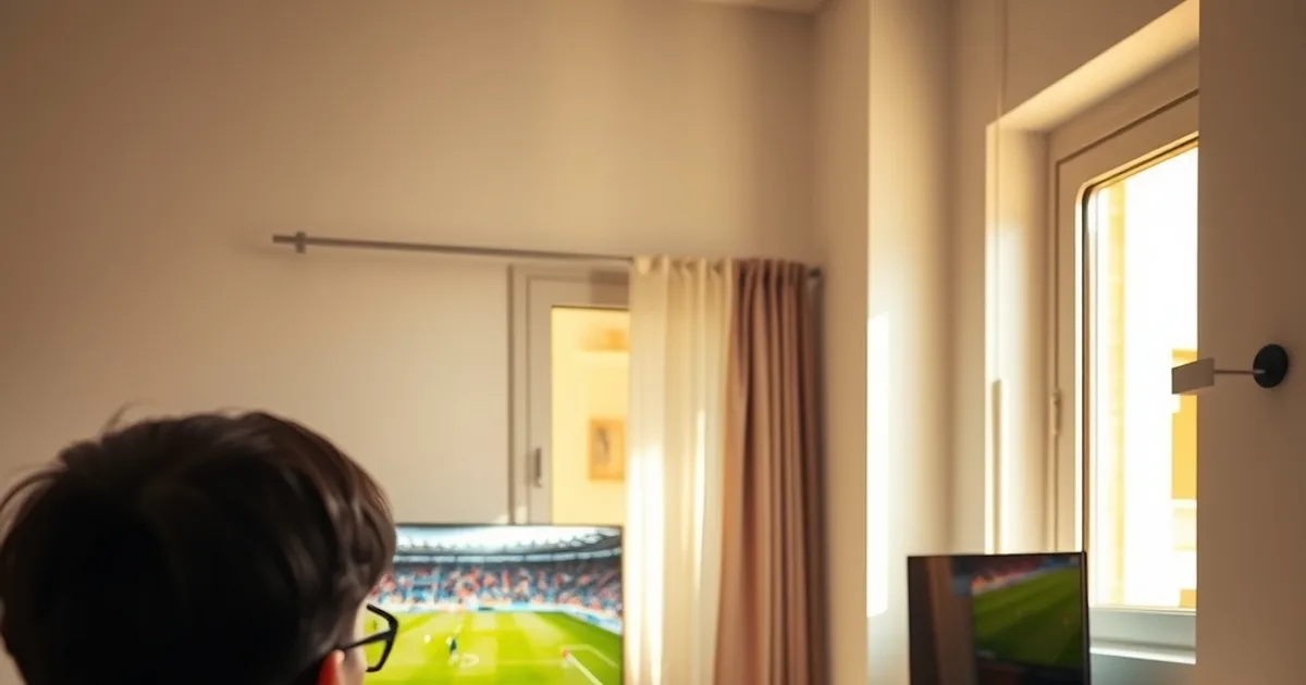 Persona comparando en su móvil y en la televisión la calidad de la señal IPTV durante un partido de fútbol en un salón luminoso