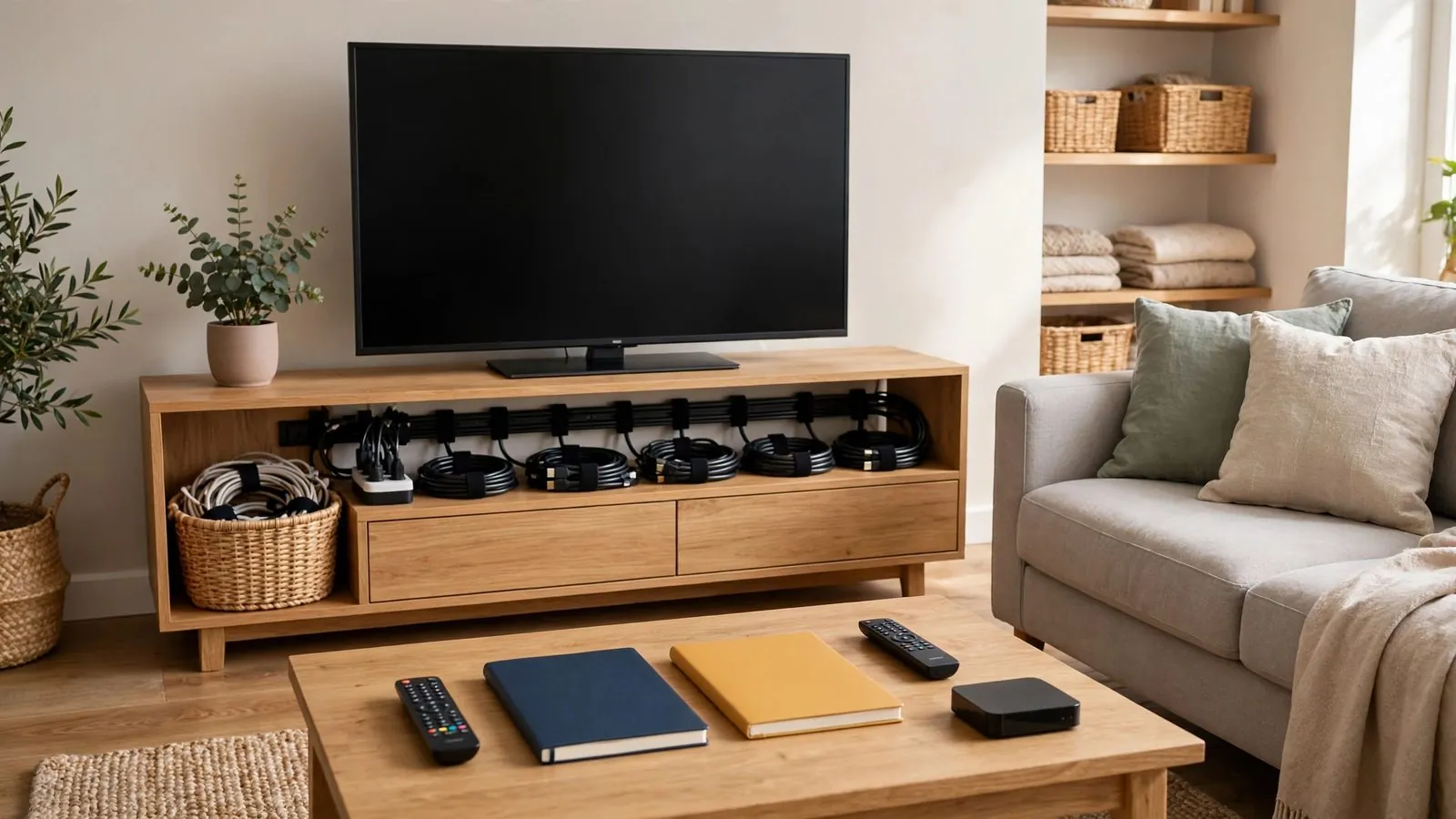 Salón con televisor apagado, sofá y mesa de centro de madera con libretas, mandos a distancia y dispositivo negro.