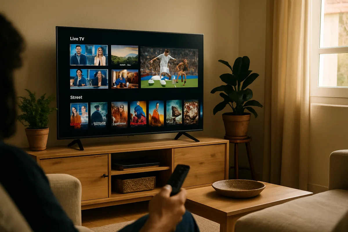 Un televisor grande en un hogar español mostrando una parrilla de canales y películas con luz suave