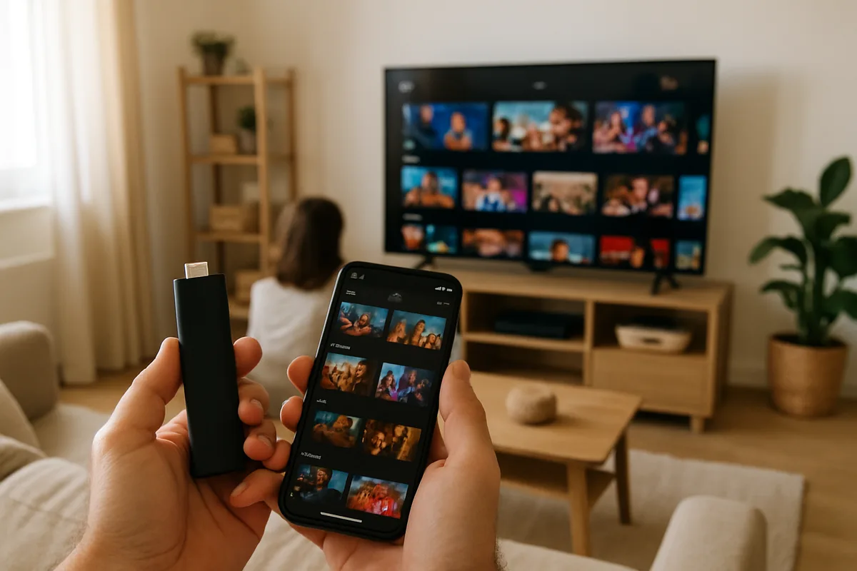 Una mano sosteniendo un stick de streaming y un móvil mostrando el mismo servicio junto a un televisor