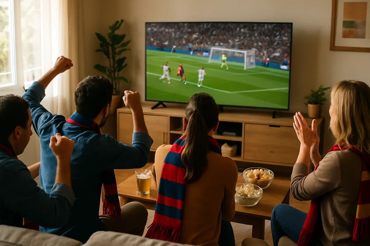 Amigos viendo juntos un partido de fútbol en directo en una pantalla grande en un hogar español